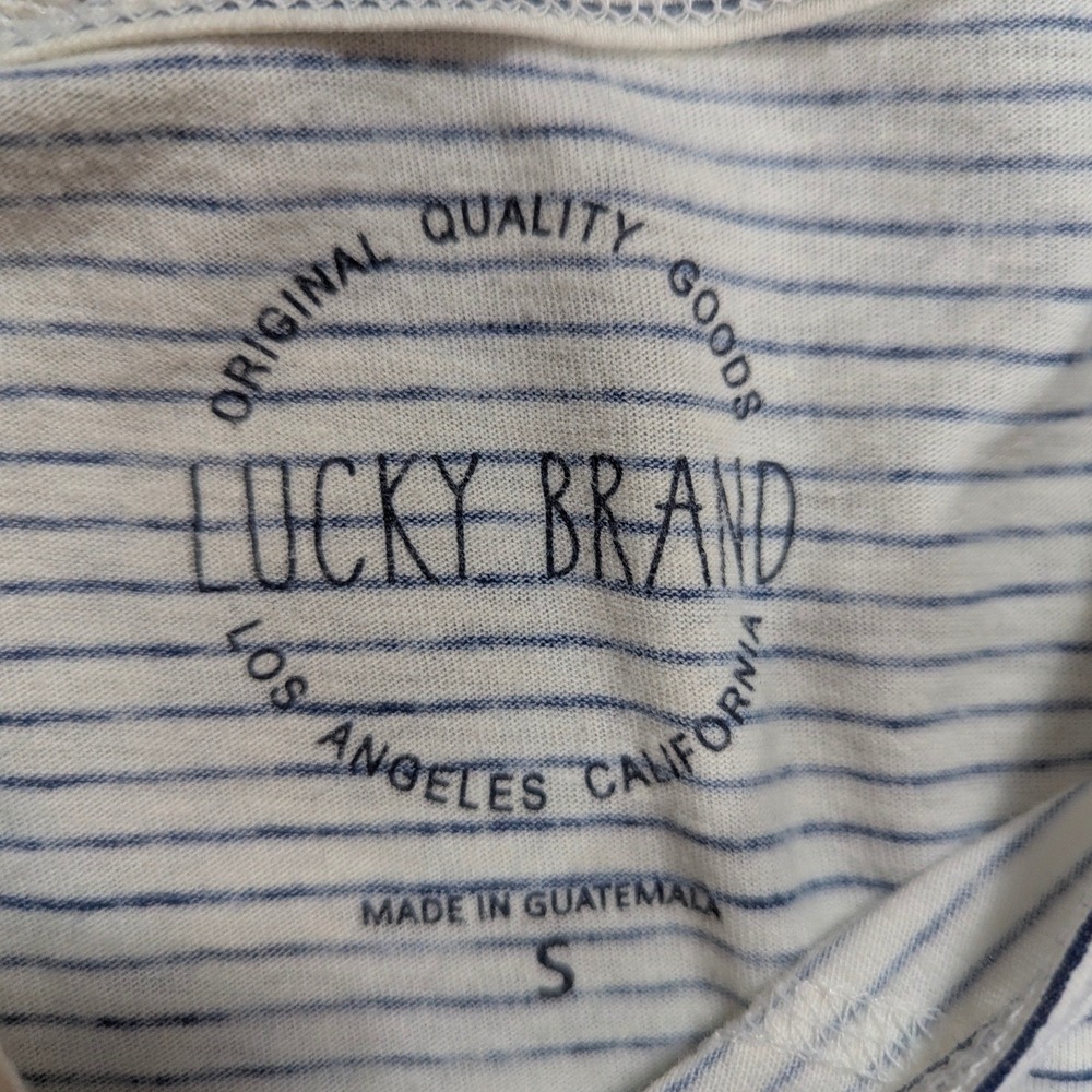Lucky Brand Tank Top Womens S White Blue Striped Namaste Lotus Graphic Boho Chic - Picture 6 of 9